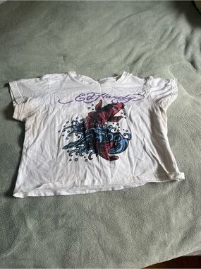 Ed Hardy White Fish Graphic Baby Tee Size XL
